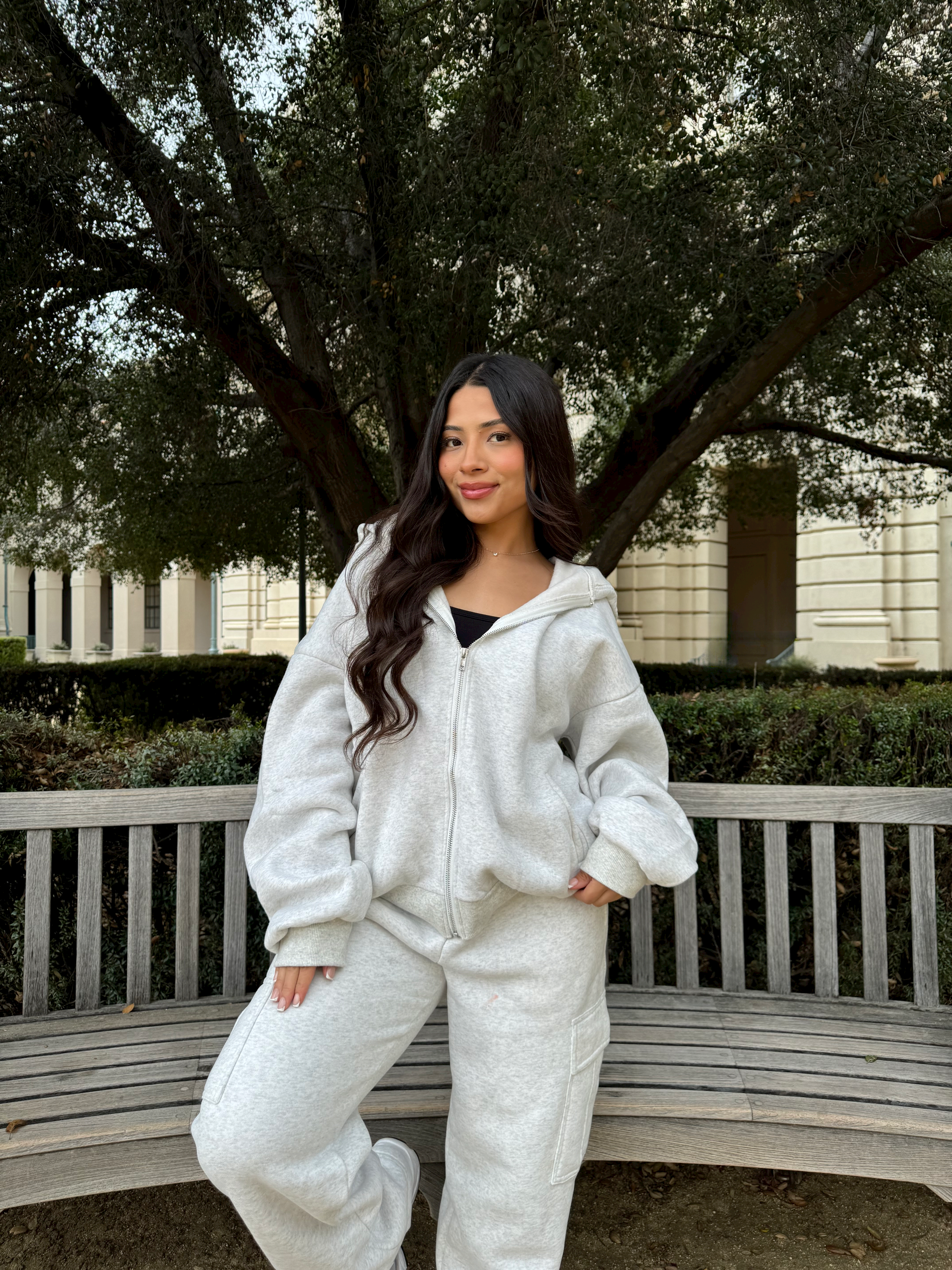 Simple Things Zip Up Oversized Hoodie (Heather White)