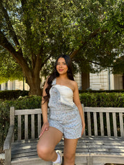 Flower Blossoms Denim Short Overalls (Light Blue)