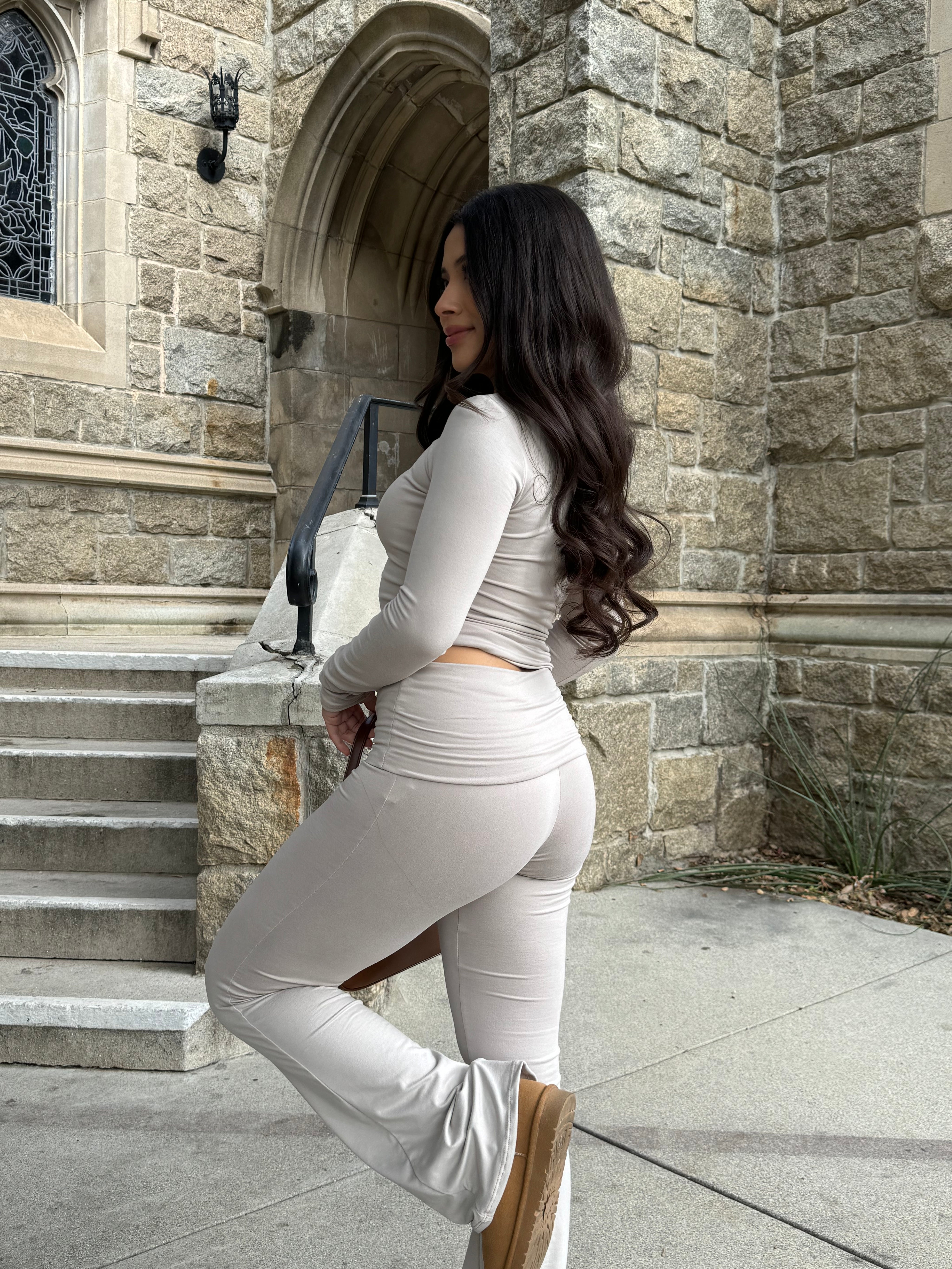 Lust Butter Foldover Flared Leggings (Sand)