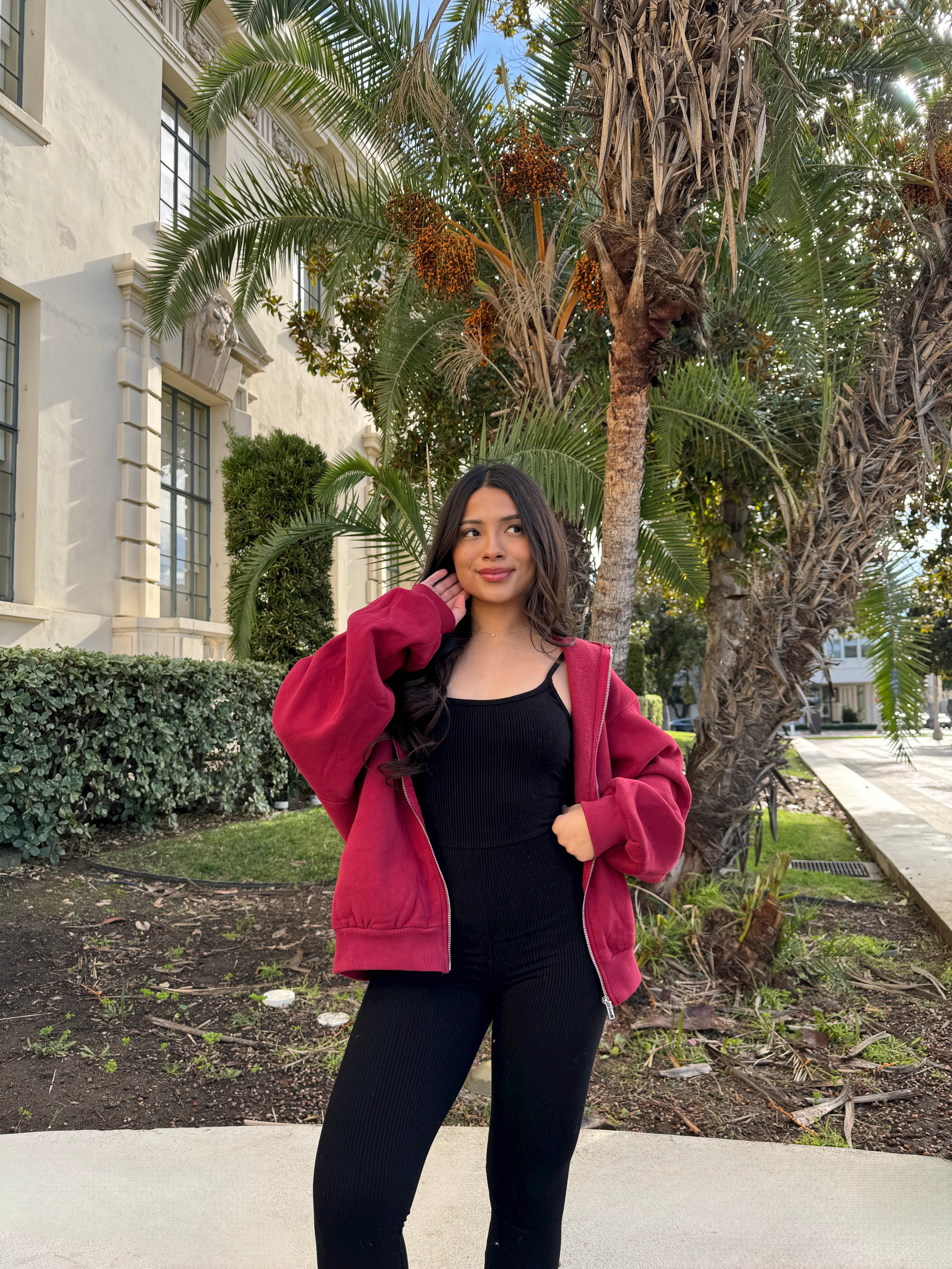 Simple Things Zip Up Oversized Hoodie (Cranberry)