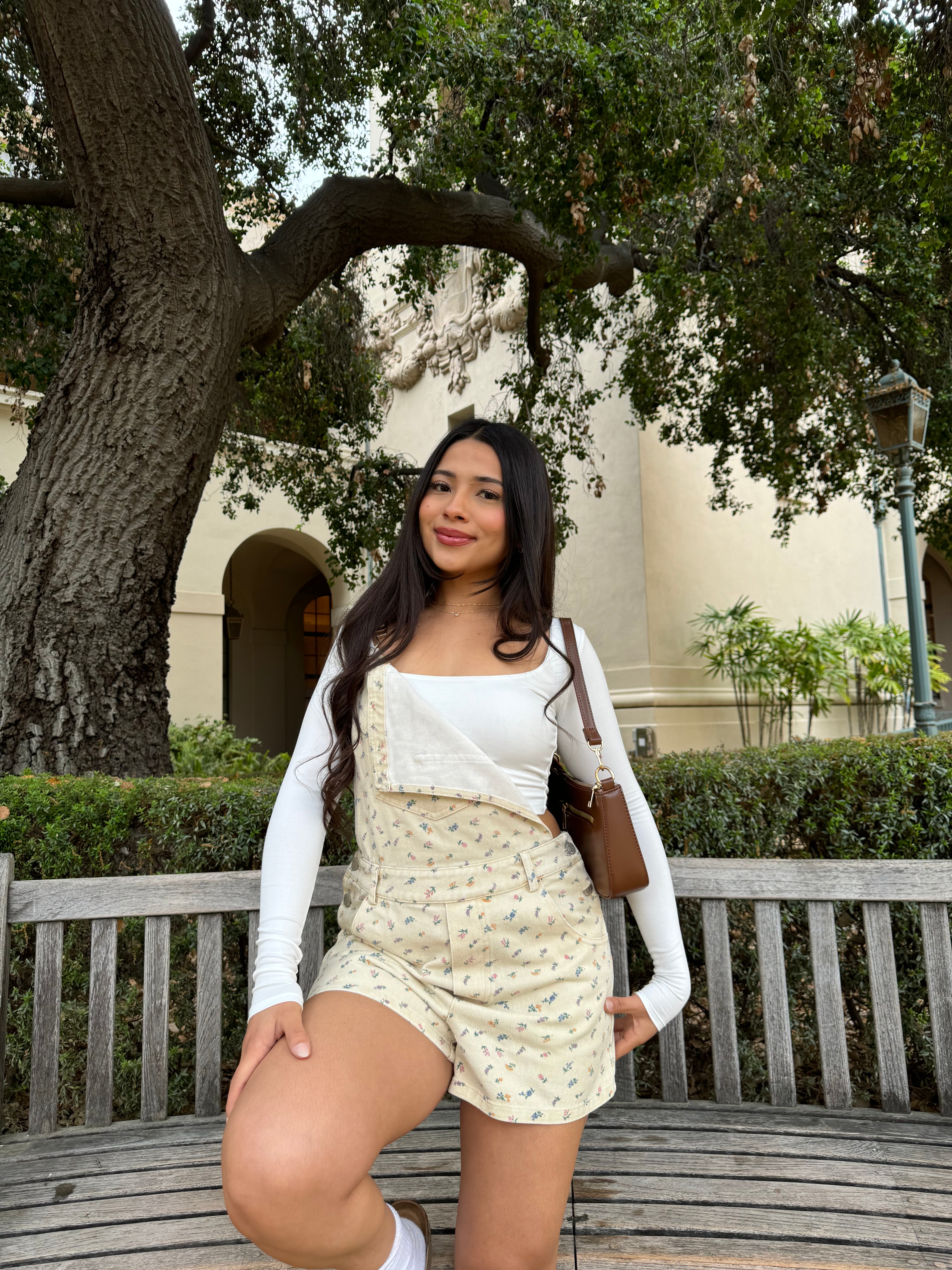 Flower Blossoms Denim Short Overalls (Taupe)